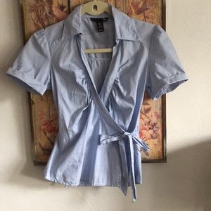 HM H&M BRAND COTTON LIGHT BLUE SS WRAP FRONT COTTON BLOUSE TOP 4